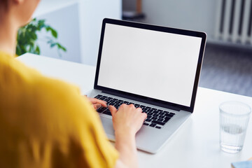 Woman working on laptop at desk. Laptop mock-up - obrazy, fototapety, plakaty