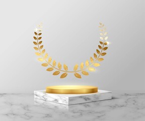 Golden podium with laurel on gray marble square for product. 3d pedestal in stone pattern vector illustration. Geometric stage on floor in room. Abstract place for advertising or decoration