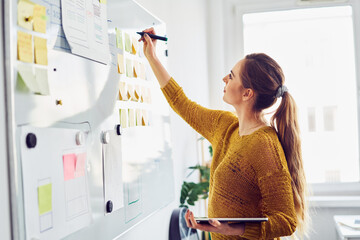 Businesswoman writing on whiteboard in office - obrazy, fototapety, plakaty