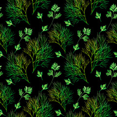 Green parsley and dill seamless pattern. Hand drawn grass watercolour. Food illustration on black background.
