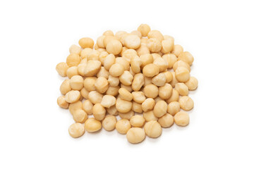 Macadamia nuts isolated on white background.