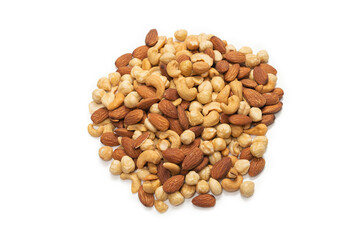 Mix of nuts isolated on white background. Top view.