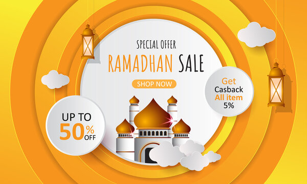 Ramadan sale offer banner paper style yellow background with lantern, moon and clouds. Template design for promotion poster, cashback, discount, voucher, greeting card. Vector illustration