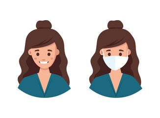 A woman with and without a medical mask. A mask is required.