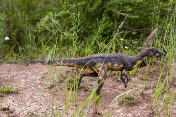 A model of a prehistoric dinosaur made available to visitors to a Jurassic park to learn about the history of many millions of years. In the background, vegetation and terrain resembling the natural h