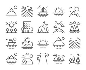 Set of Landscape Line Icons. Vector Illustration. Editable Stroke, 64x64 Pixel Perfect.