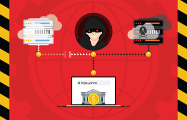 Hacker DNS hijack communication website concept. Robbers steal money from e-Banking, credit cards or online wallet system. Phishing scam, Internet fraud, Cyber attack, Electronic crime concept. Vector