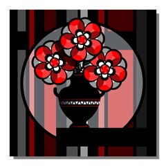 Stylized still life with red flowers in a vase. Abstract wall art, poster design. Vector illustration.