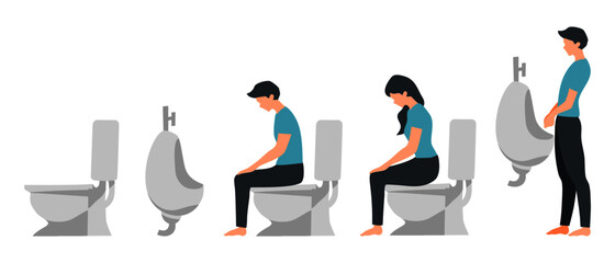 Set of Character using the toilet diarrhea feces peeing urine Flat vector character illustration