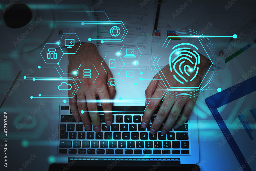 Poster businessman with keyboard, fingerprint with data symbols and network circuit