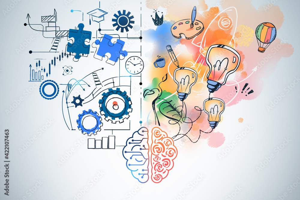 Wall mural brain sketch with two different sides of thinking