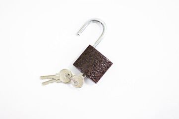 Open padlock on white background. Broken lock. Security and hacking. Brown padlock.