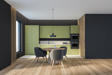 Living room interior with eating table and kitchen set