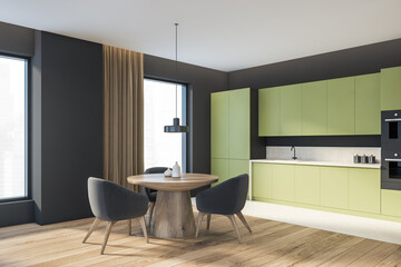 Living room interior with eating table and kitchen set