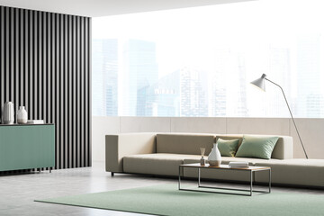 Fototapeta premium Modern bright living room interior with sofa and Singapore view