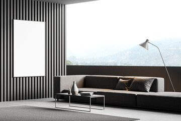 Fototapeta premium Modern living room interior with grey couch and white poster