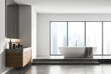 Naklejka na ściany i meble Bathtub and sinks with mirror in light bathroom interior with window