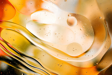 Close-up of the movement of oil droplets on the water surface. Colorful abstract macro background of oil drops on the water surface.