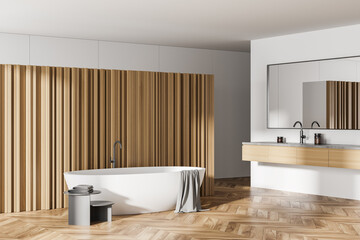 Naklejka na ściany i meble Wooden bathroom interior with bathtub and sink on parquet floor