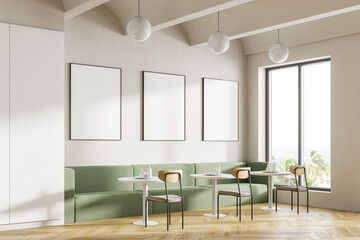 Cafeteria, dining room in university, cafe with tables and chairs, counter bar hotel. Canteen interior in school, college or office. Mock up posters copy space.