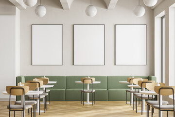 Cafeteria, dining room in university, cafe with tables and chairs, counter bar hotel. Canteen interior in school, college or office. Mock up posters copy space.