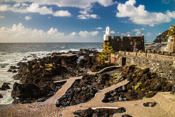 Coastline and castle of Garachico at Tenerife Canary Islands