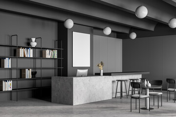 Canteen interior in school, college or office. Cafeteria, dining room in university, cafe with tables and chairs, counter bar hotel. Mock up white poster copy space.