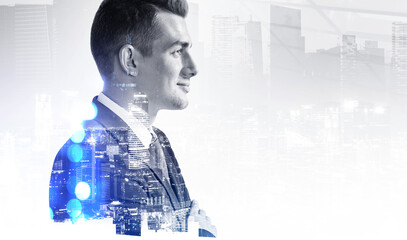 Man profile on blurred background of skyscrapers