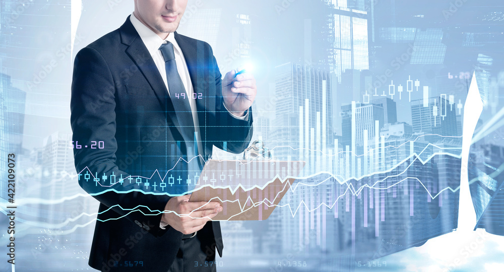 Poster man with clipboard, graph changes lines and bars with numbers
