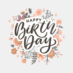 Beautiful happy birthday greeting card with flowers and bird. Vector party invitation with floral elements.