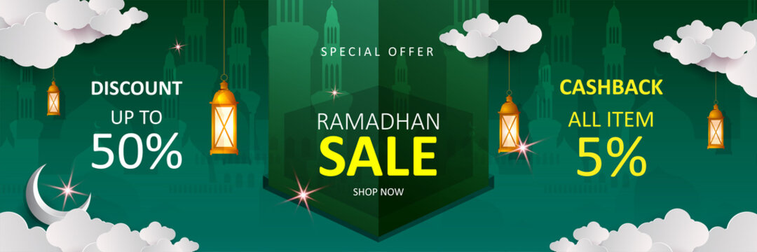 Ramadan sale offer banner green background with lantern, moon and clouds. Template design for promotion poster, cashback, discount, voucher, greeting card. Vector illustration