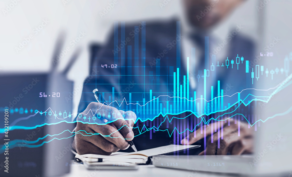 Aufkleber man in office room, graph changes lines and bars with numbers