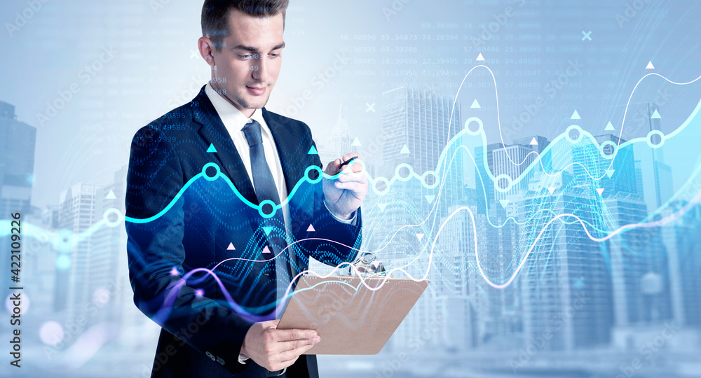 Poster man with clipboard, graph changes lines and bars with numbers