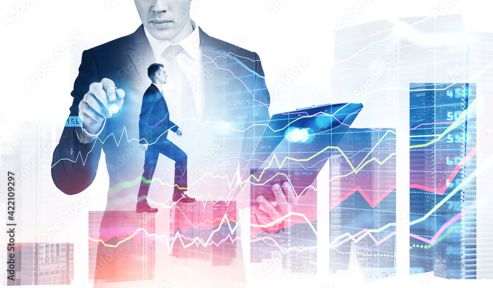 Poster man with clipboard, graph changes lines and bars with numbers