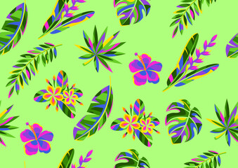 Fototapeta na wymiar Seamless pattern with tropical flowers and palm leaves.