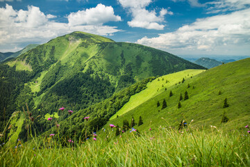 Landscape with mountains and cloudy blue sky