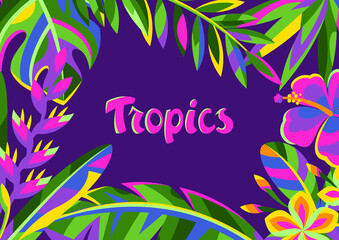 Background with tropical flowers and palm leaves.