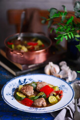 Vegetable ratatouille soup with meatballs..style rustic
