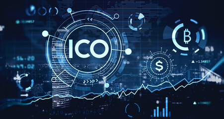 Double exposure of cryptocurrency ICO theme with aerial view of Singapore city skyline at night....