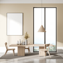 Modern dining room interior with wooden table and three chair