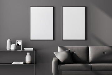 Modern living room interior and two white empty posters on dark grey wall. Black sofa with cushion and chest of drawers.