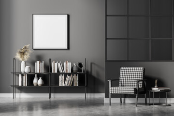Grey living room interior with armchair and bookshelf, square mock up