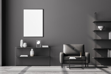 Front view of modern living room interior with one empty poster on dark grey wall, mock up....