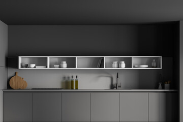 Grey kitchen set with shelves and kitchenware
