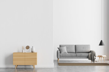 Bright living room interior with white empty wall