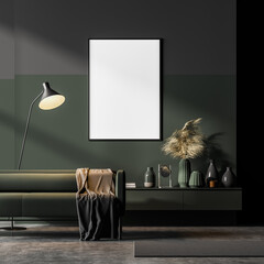 Dark contemporary waiting room interior with green couch and sideboard