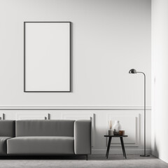 Living room interior with grey sofa and white poster