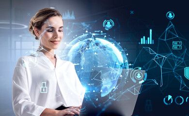 Businesswoman with laptop and earth globe hologram