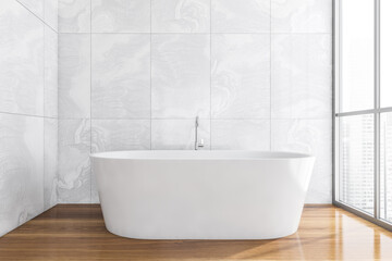Naklejka na ściany i meble Bathroom interior. Minimalist luxury bathtub on wooden floor with panoramic windows