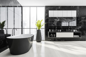 Bathroom interior. Minimalist bathtub on white floor with plant and sinks